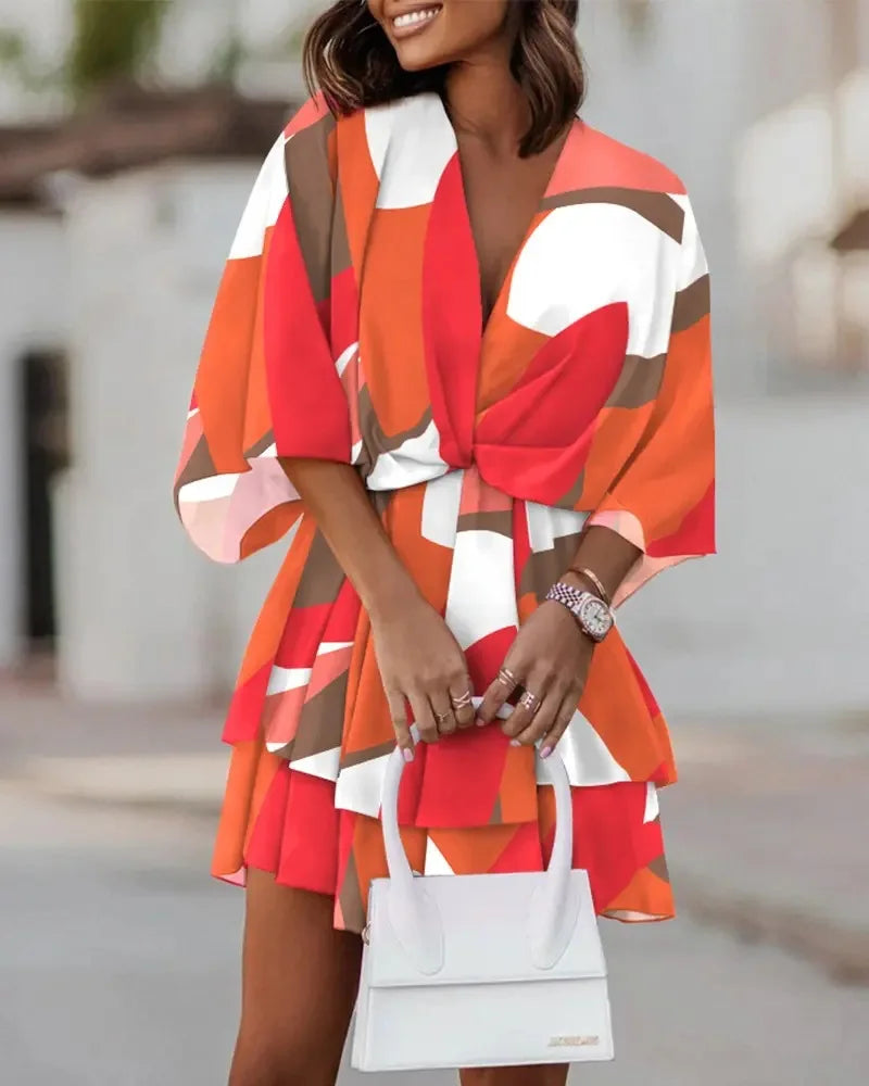 Women's Spring And Autumn Sexy Chiffon V-neck Loose Bat Sleeve Print Dress Women's Fashion Casual 5/4 Sleeve Dress Vestidos