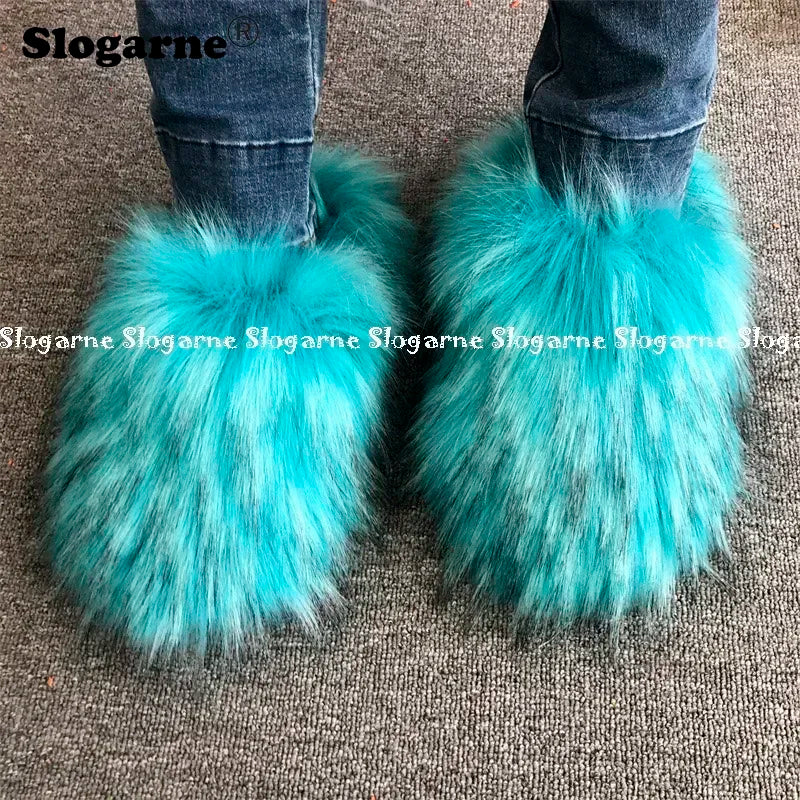 New Colorful Raccoon Fur Slippers Women Winter Faux Fur Shoes Ladies Luxury Furry Slippers Girls Artificial Fox Furs Slides Shoe