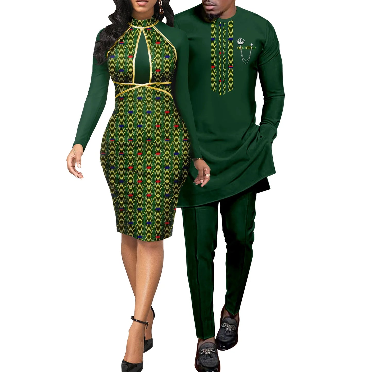 African Abaya Hip Dresses for Women Matching Couple Outfits with Bazin Riche Men's Top and Pant Set Dashiki Print