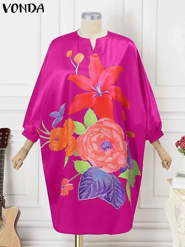 Plus Size L-5XL VONDA Women Sundress 2024 Autumn Bohemian Floral Printed Elegant Midi Dress 3/4 Bat Sleeve Casual Loose Robe