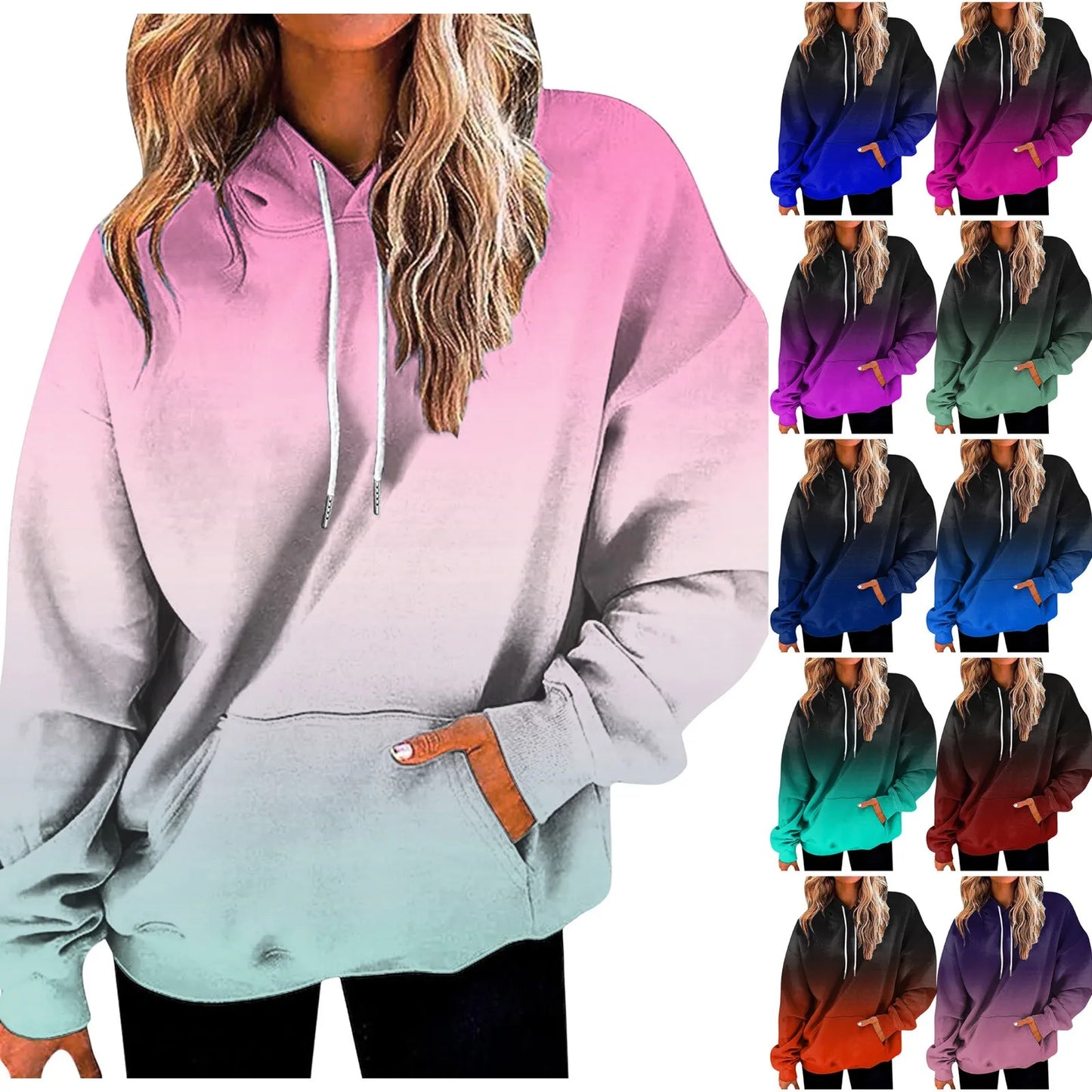 Women's Gradient Color Casual Hoodies Long Sleeve Oversized Sweatshirts Loose Fitted Drop-Shoulder Hooded Pullover худи женский