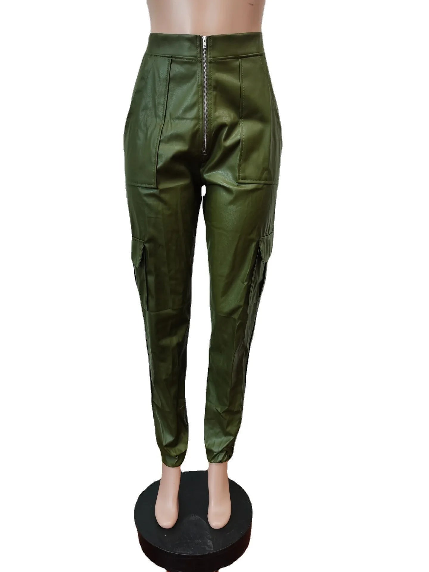 Autumn Winter Fashion Women's Trousers Faux Leather High Waisted Joggers with Zipper Multi Pocket Straight-Leg Cargo Pants