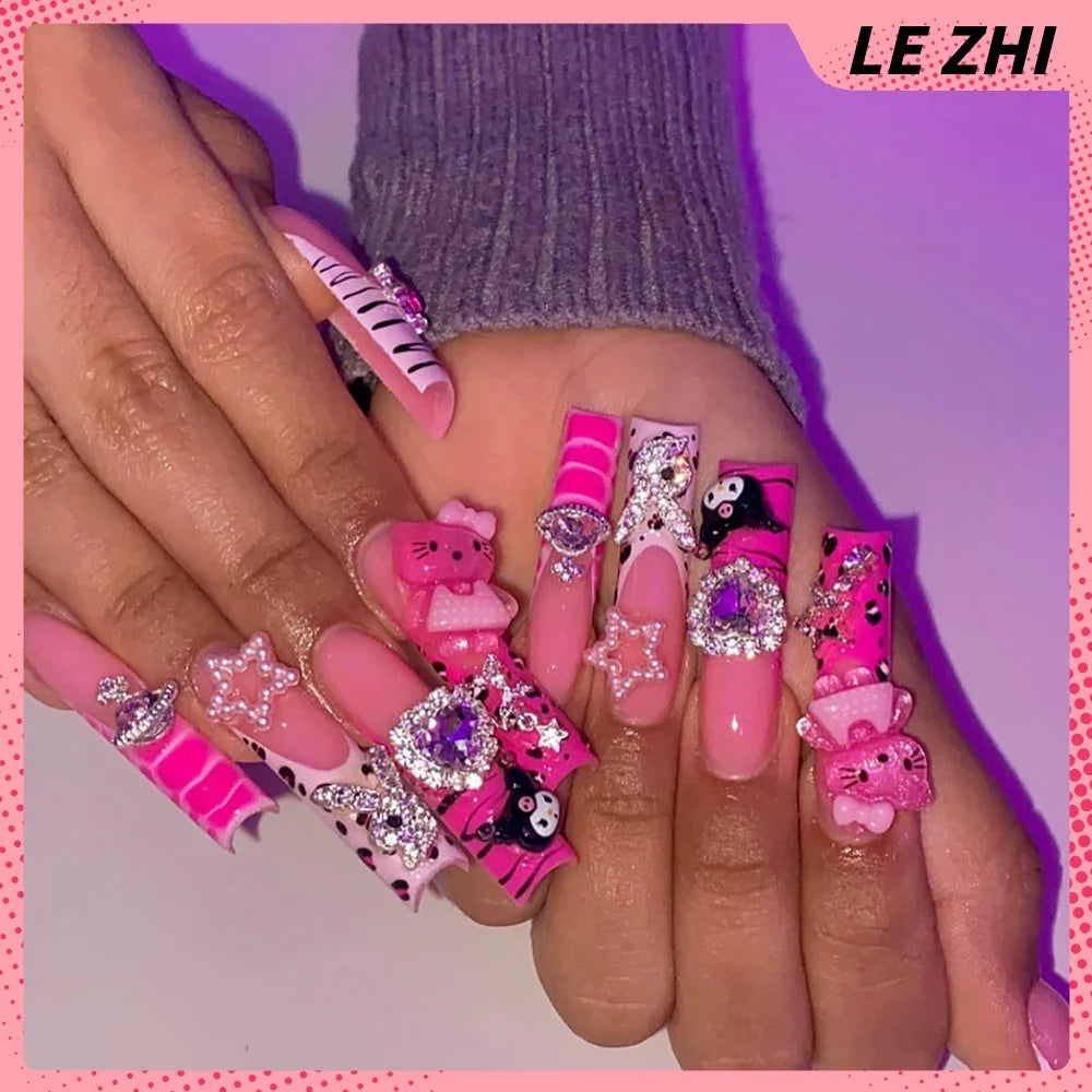 Xxl Euro-Americaen Long Square Cartoon Fake Nails Hello Kitty Mymelody Kuromi Luxury Diamond Handmade Nail Tips Party Sticker