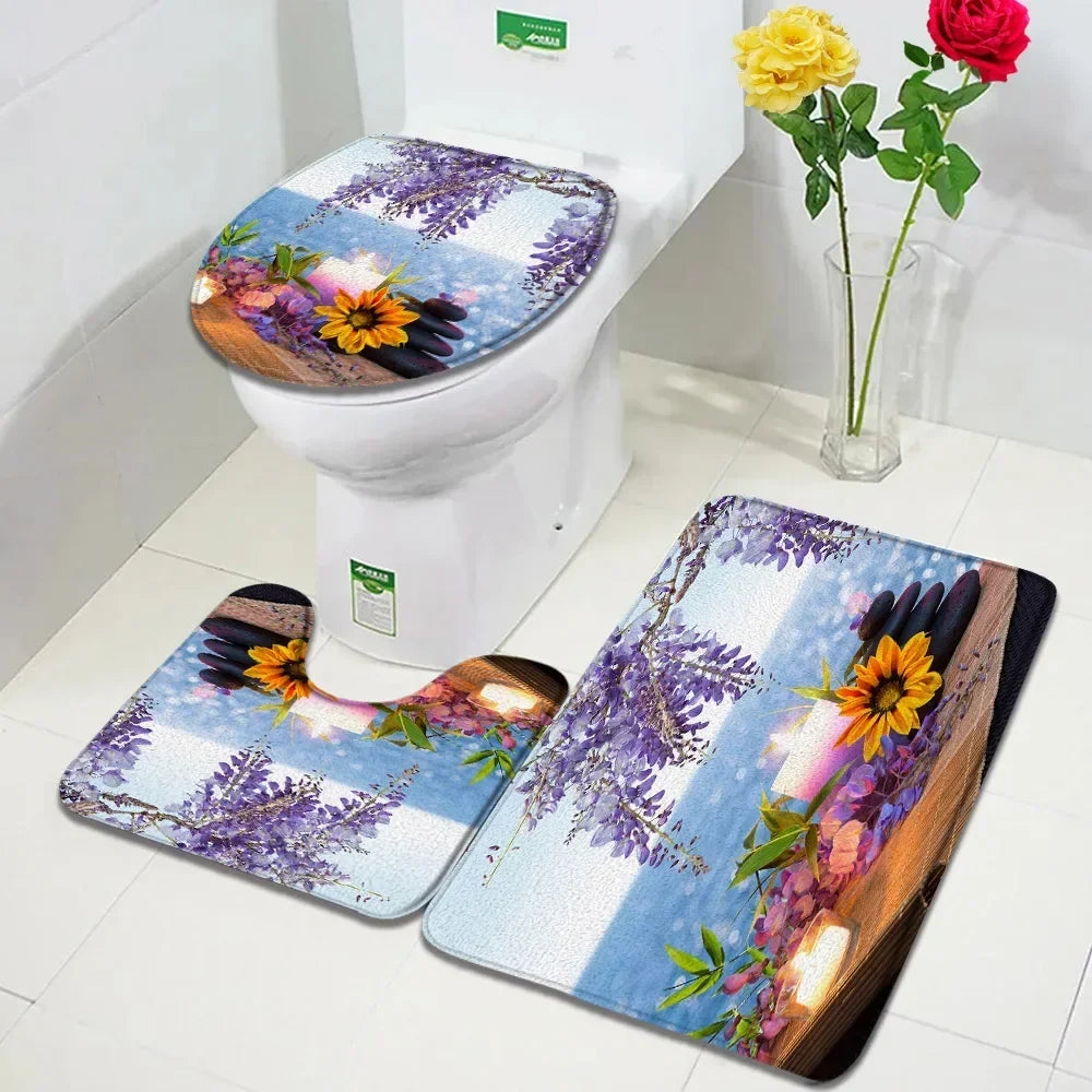 Zen Bath Mat Set Pink Lotus Orchid Grey Stone Green Bamboo Home Carpet White Bathroom Decor Flannel Floor Rugs Toilet Lid Cover