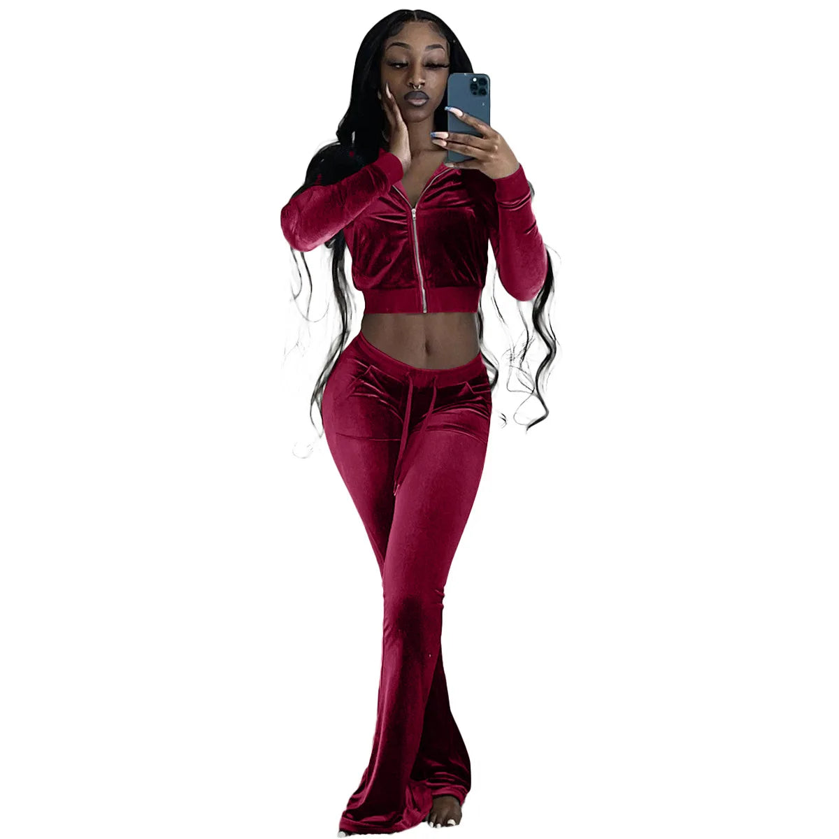 Women Sport Suit Long Sleeve Crop Coat And Bell Bottom Pant Velour Tracksuit Solid Color Long Sleeve Sexy Hoodie Set