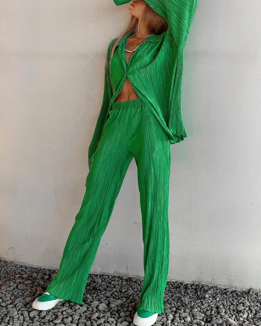 New Spring And Autumn Suit Women's Pleated Lapel Shirt Loose Casual Suit Solid Color Drape Pleated Casual Suit