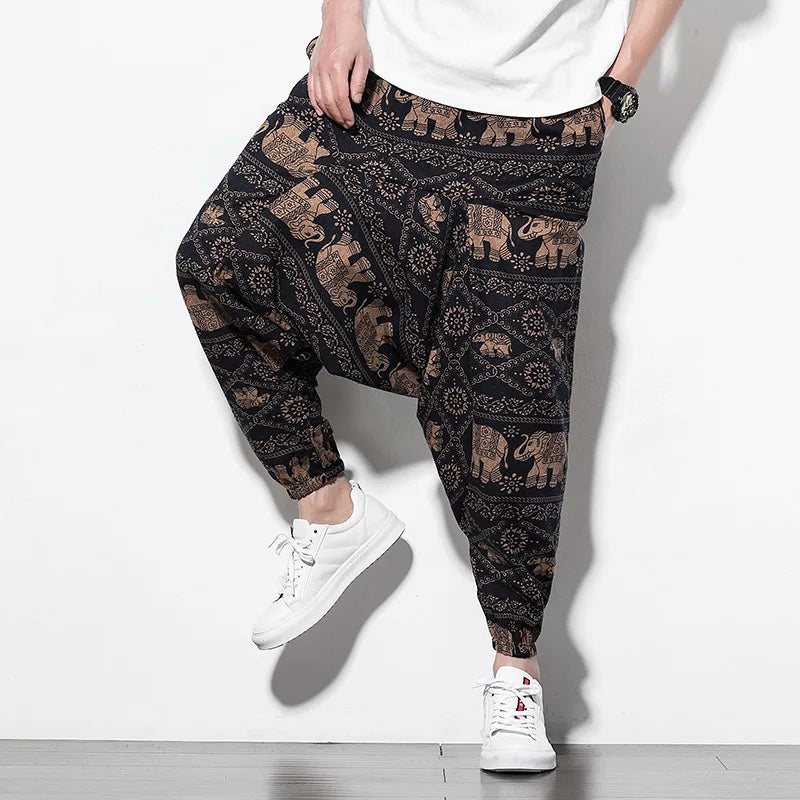 Cotton Linen Harem Pants Men Elastic Waist Streetwear Floral Joggers 2023 New Baggy Drop-crotch Pants Casual Trousers Men