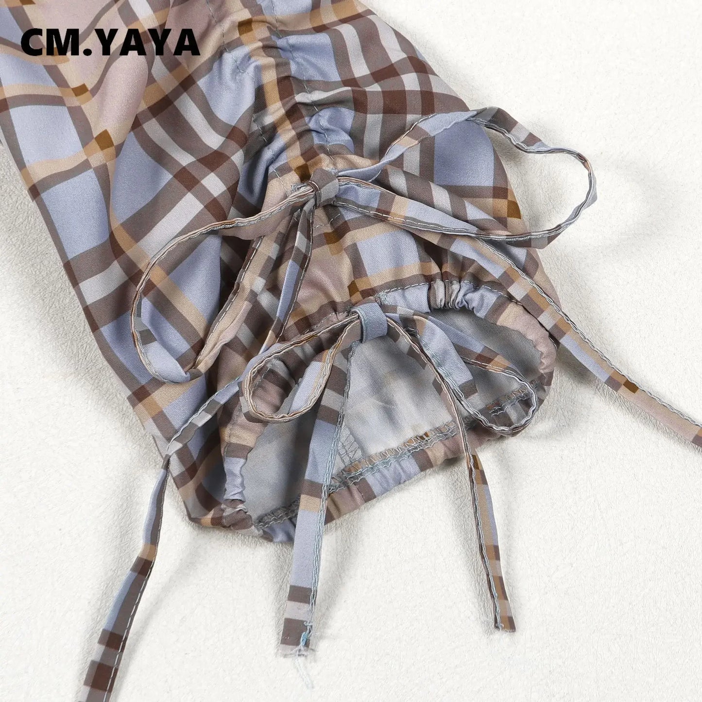 CM.YAYA Fashion Women Plaid Denim Patchwork Long Sleeve Shirt Dress Fall Sexy Party Hollow Out Autumn Winter Street Mini Dresses