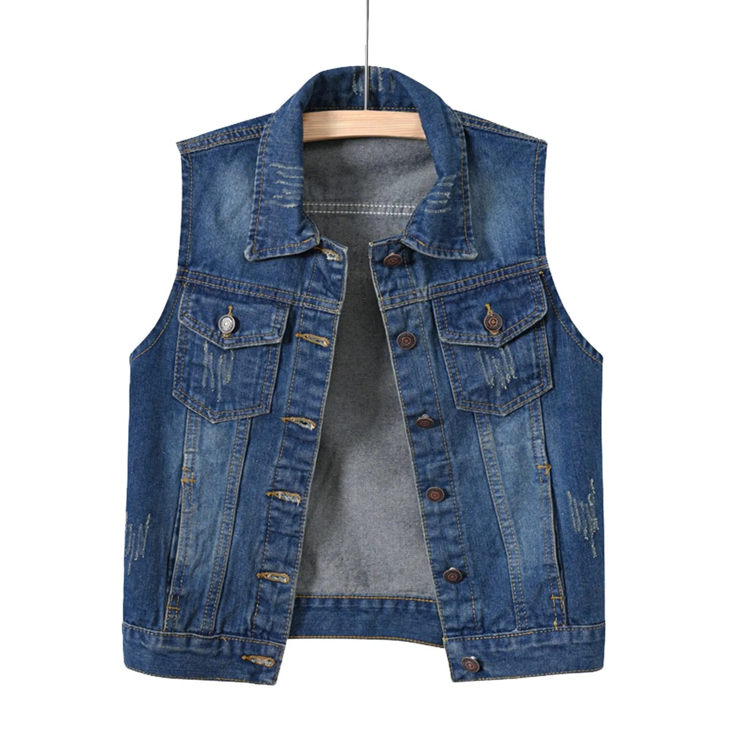 Womens Buttoned Washed Denim Jacket Sleeveless Crop Vest Soild Color Lapel Button Pocket Ladies Vest Coats Casual Style Vest Top