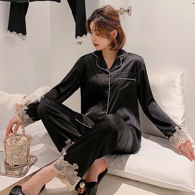 Satin Pajamas Set Faux Silk Women Sleepwear Shirt & Pants Casual Lace Pajamas Lounge Wear Nightwear