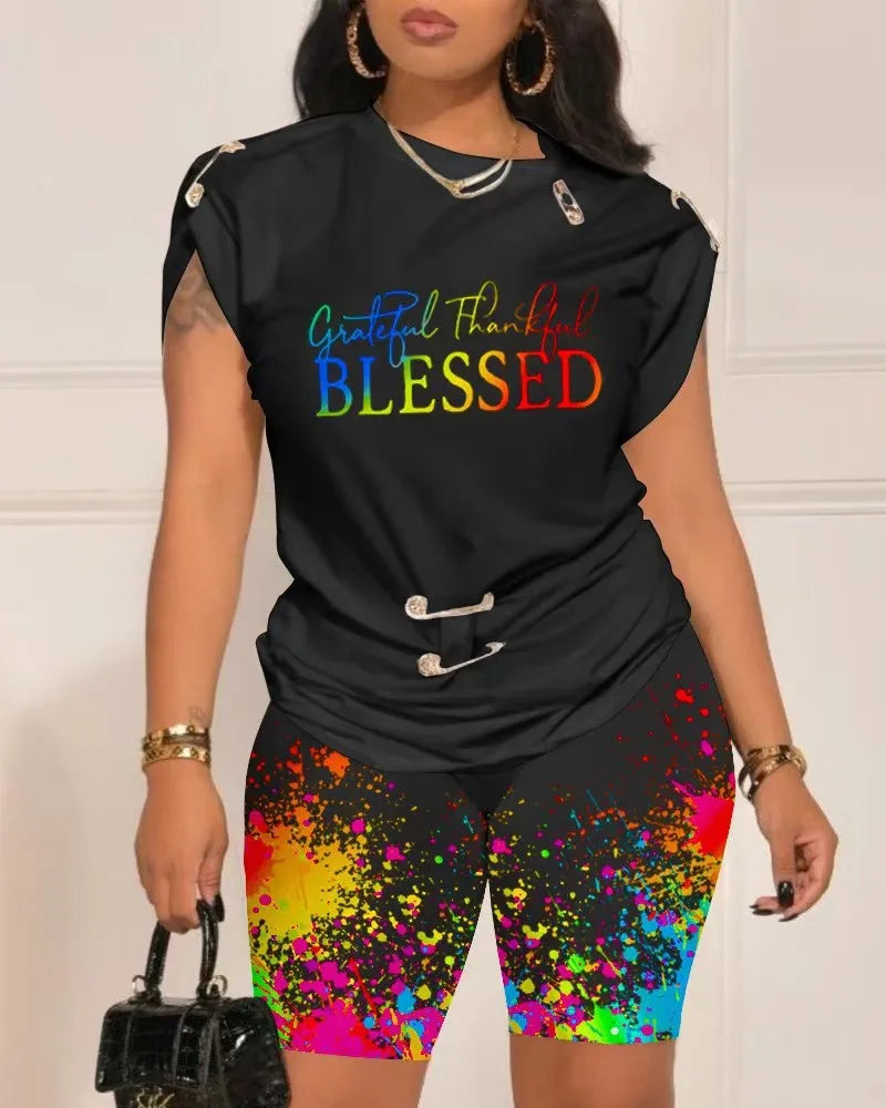 Casual Short Sleeve Tshirt Shorts Set Office Lady Spring Summer Fashion O-neck Letter Print Two Piece Set Women Outfit 2023