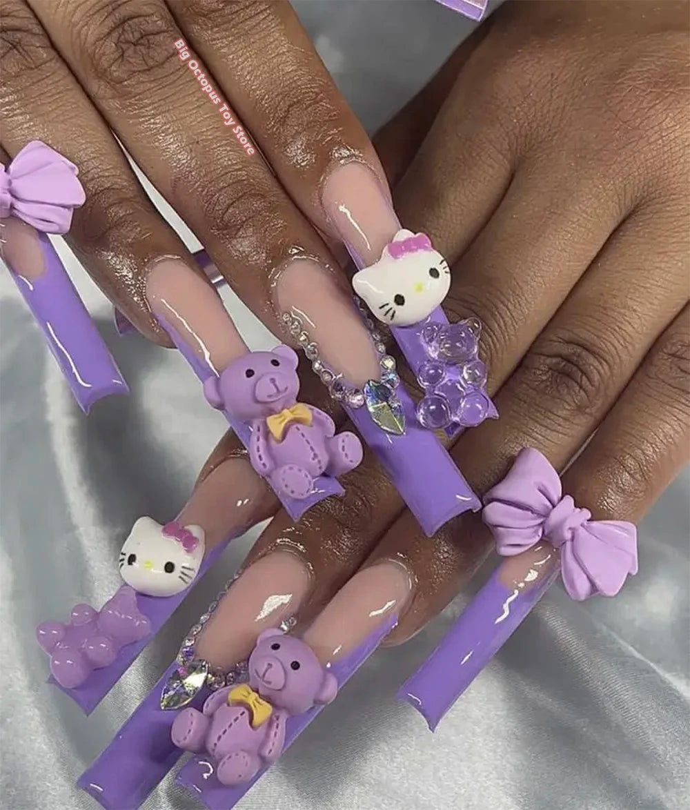 Xxl Euro-Americaen Long Square Cartoon Fake Nails Hello Kitty Mymelody Kuromi Luxury Diamond Handmade Nail Tips Party Sticker