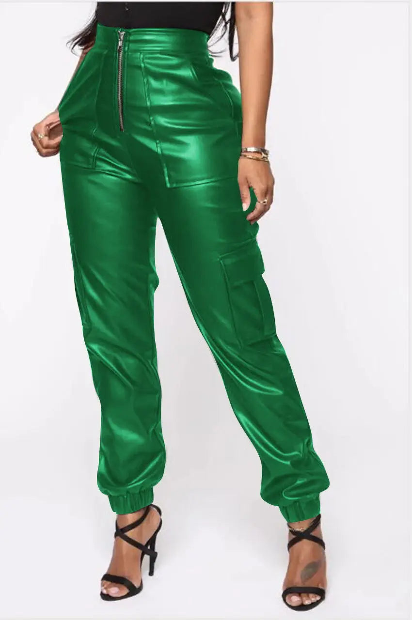 Autumn Winter Fashion Women's Trousers Faux Leather High Waisted Joggers with Zipper Multi Pocket Straight-Leg Cargo Pants
