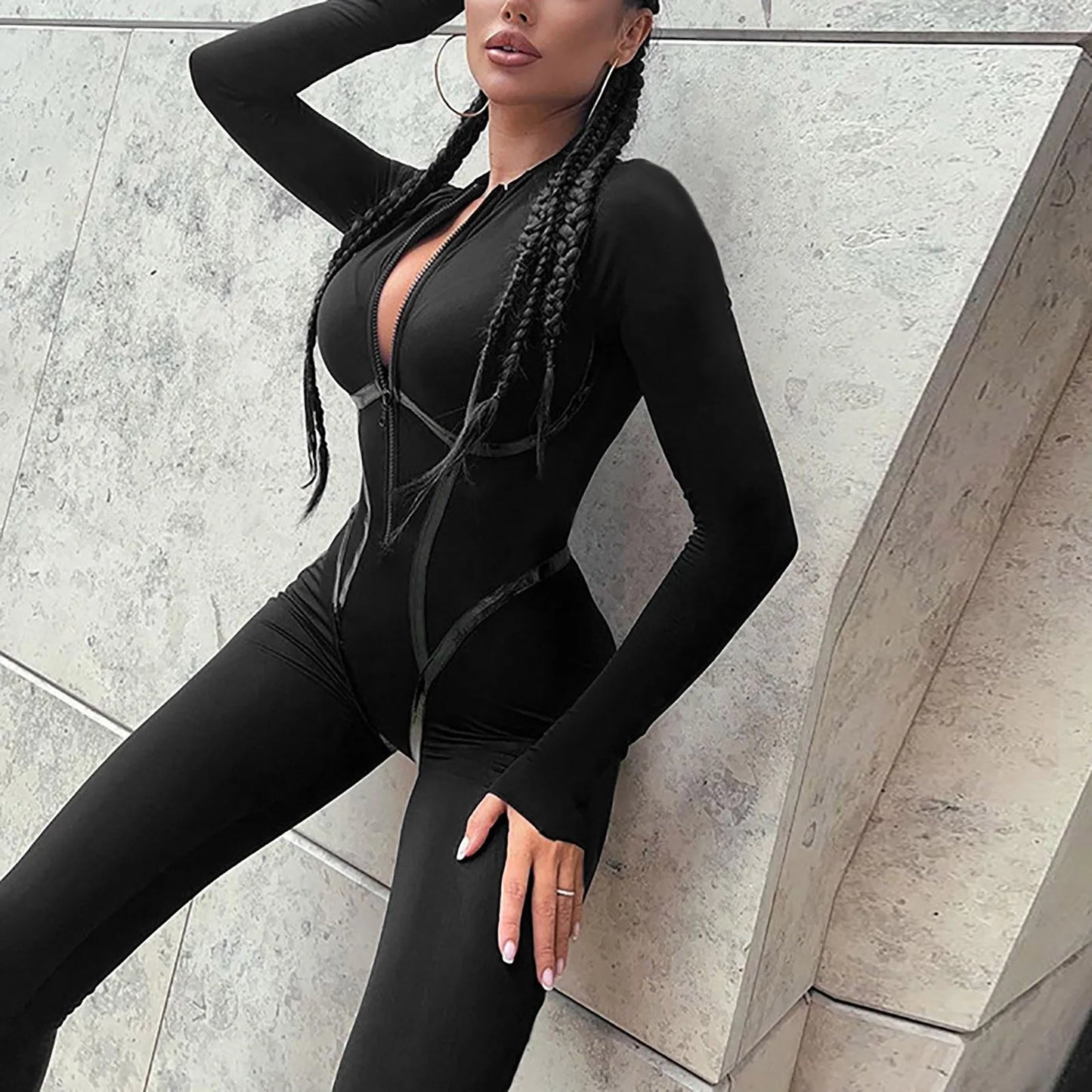 Women'S Bright Leather Splicing Jumpsuit Tight Long Sleeve Zip Sporty Playsuits Jogging Slim Fit Stretch Rompers ropa de mujer