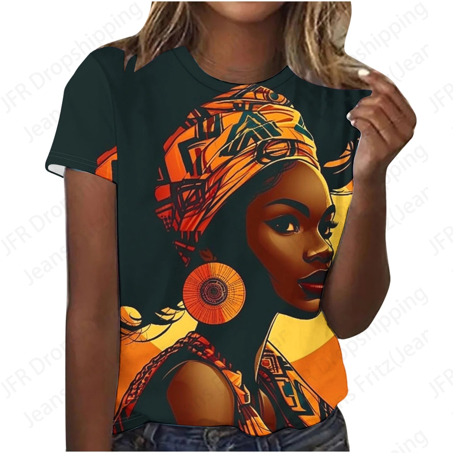 Sexy 3D Print Africa Women T-Shirt Black Large Size Short Sleeve Fashion Top for Females Eye Catching Graphic Design