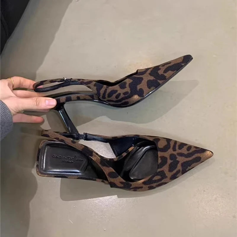 Leopard High Heels Shoes Women Sandals Party Pointed Toe Dress Shoes Summer Slippers 2024 Designer Mules New Female Pumps Slides