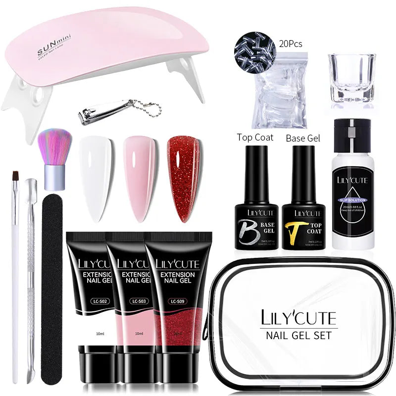 Lily'Cute nail gel kit with UV lamp, extension gels, tools & storage case for home manicures