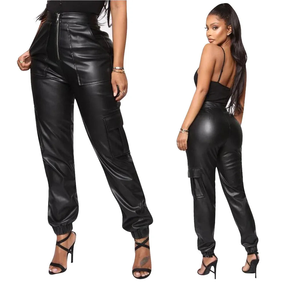 Autumn Winter Fashion Women's Trousers Faux Leather High Waisted Joggers with Zipper Multi Pocket Straight-Leg Cargo Pants