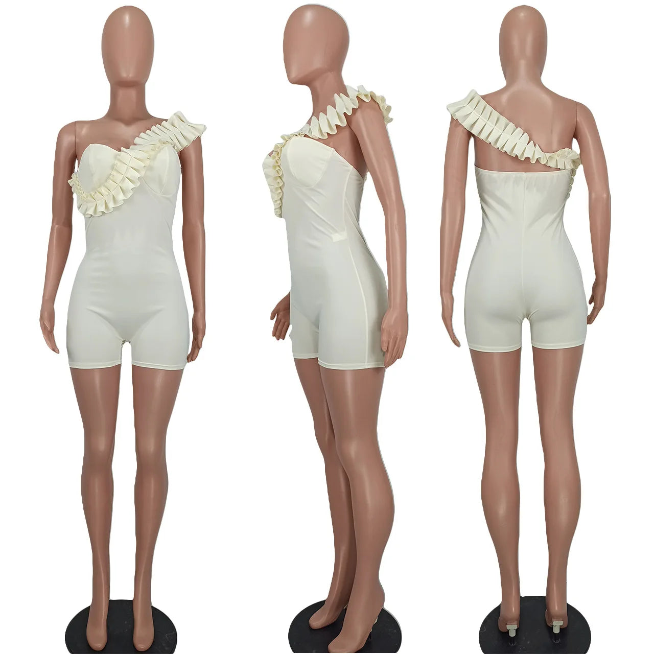 CM.YAYA Women Ruffles Spicing One Shoulder Sweetheart Neck White Bodycon Stretch Romper and Playsuit 2022 Summer Sexy Overall