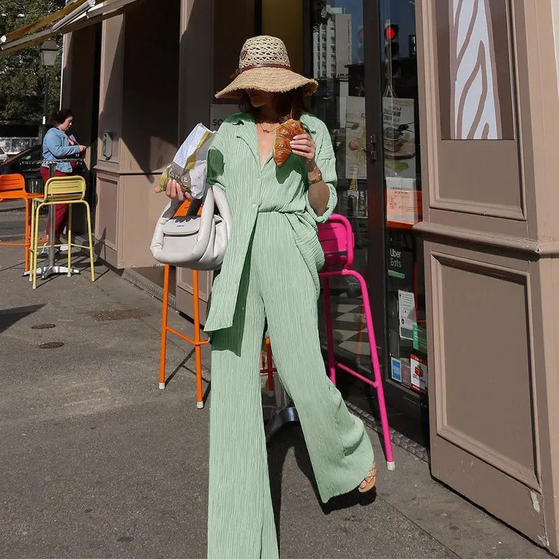 New Spring And Autumn Suit Women's Pleated Lapel Shirt Loose Casual Suit Solid Color Drape Pleated Casual Suit