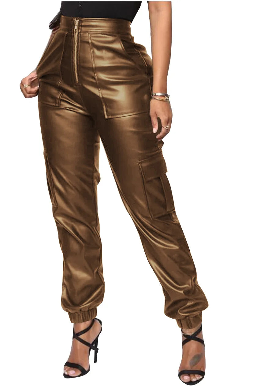 Autumn Winter Fashion Women's Trousers Faux Leather High Waisted Joggers with Zipper Multi Pocket Straight-Leg Cargo Pants