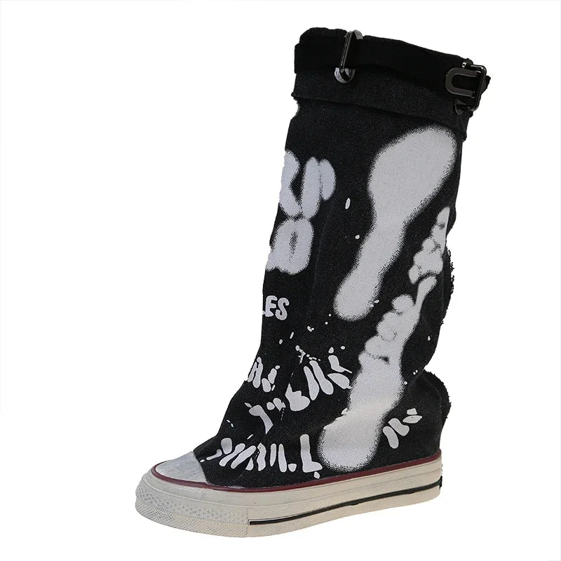 Women's Spring Graffiti High Canvas Boots Round Head Middle Follow Anti-slip Boots Women Leisure Fashion Rubber Sole Botas Mujer