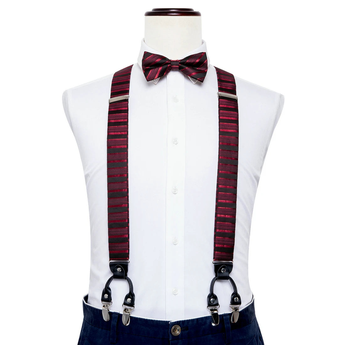 Luxury Red Black Striped Suspenders for Man Party Pre-tied Bowtie Pocket Square Cufflinks Set Silk Leather Metal 6 Clips Braces
