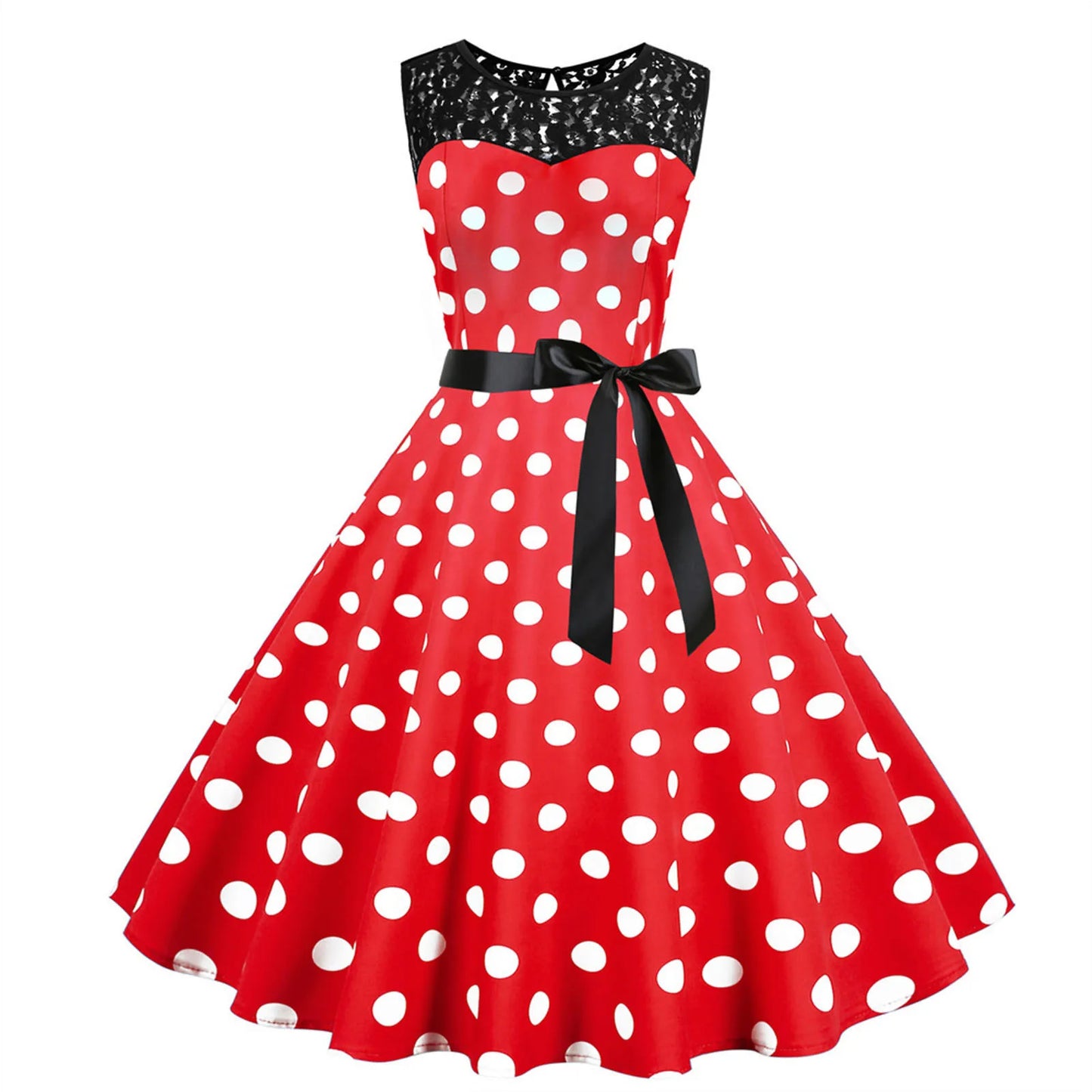 Polka Dot Print Summer Dress Vintage Woman 1950s 60s Swing Rockabilly Dress Robe Femme Lace Stitching Office Party Vestidos