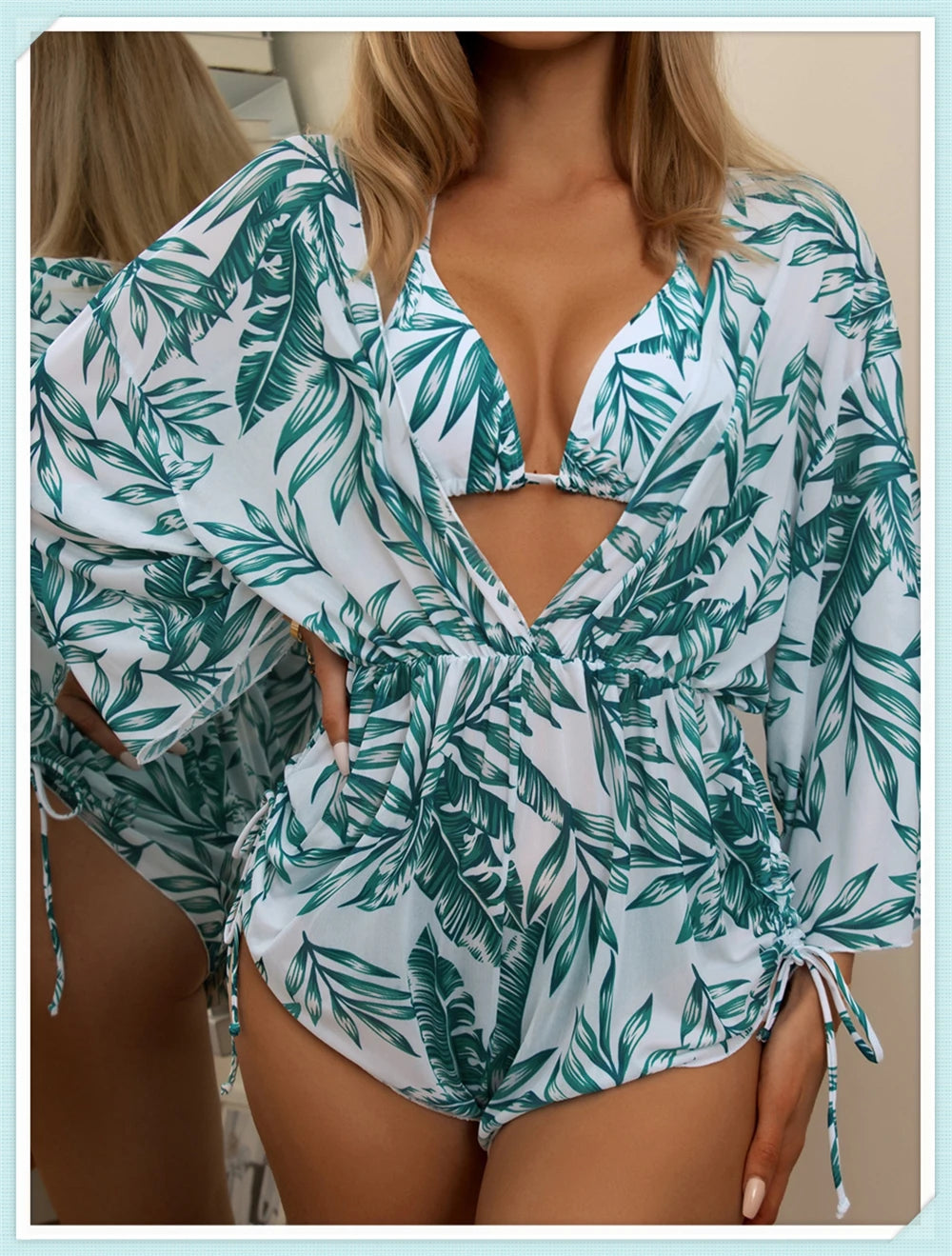 3 pieces Halter Bikini Tropical Print Swimsuit Drawstring Side Swimwear Women Long Sleeve Bathing Suit Female Swimming Beachwear