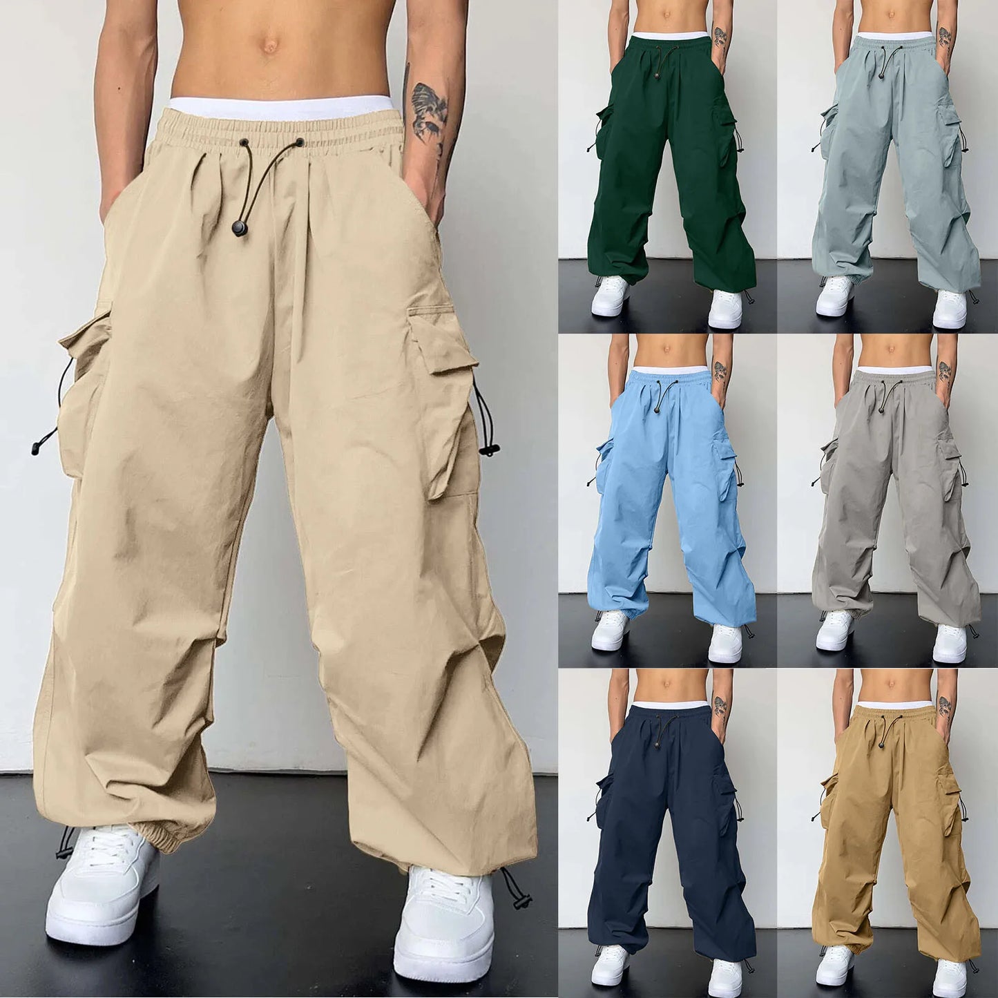 Oversized Men's Casual Pants Woven Pocket Foot Rope Solid Color Street Cargo Pants