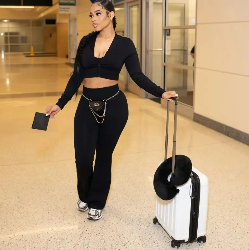 Solid Women Tracksuits Slim 3 Piece Sets Tank Crop Tops + Zipper Long Sleeve Jackets + High Waist Flare Pants Suits