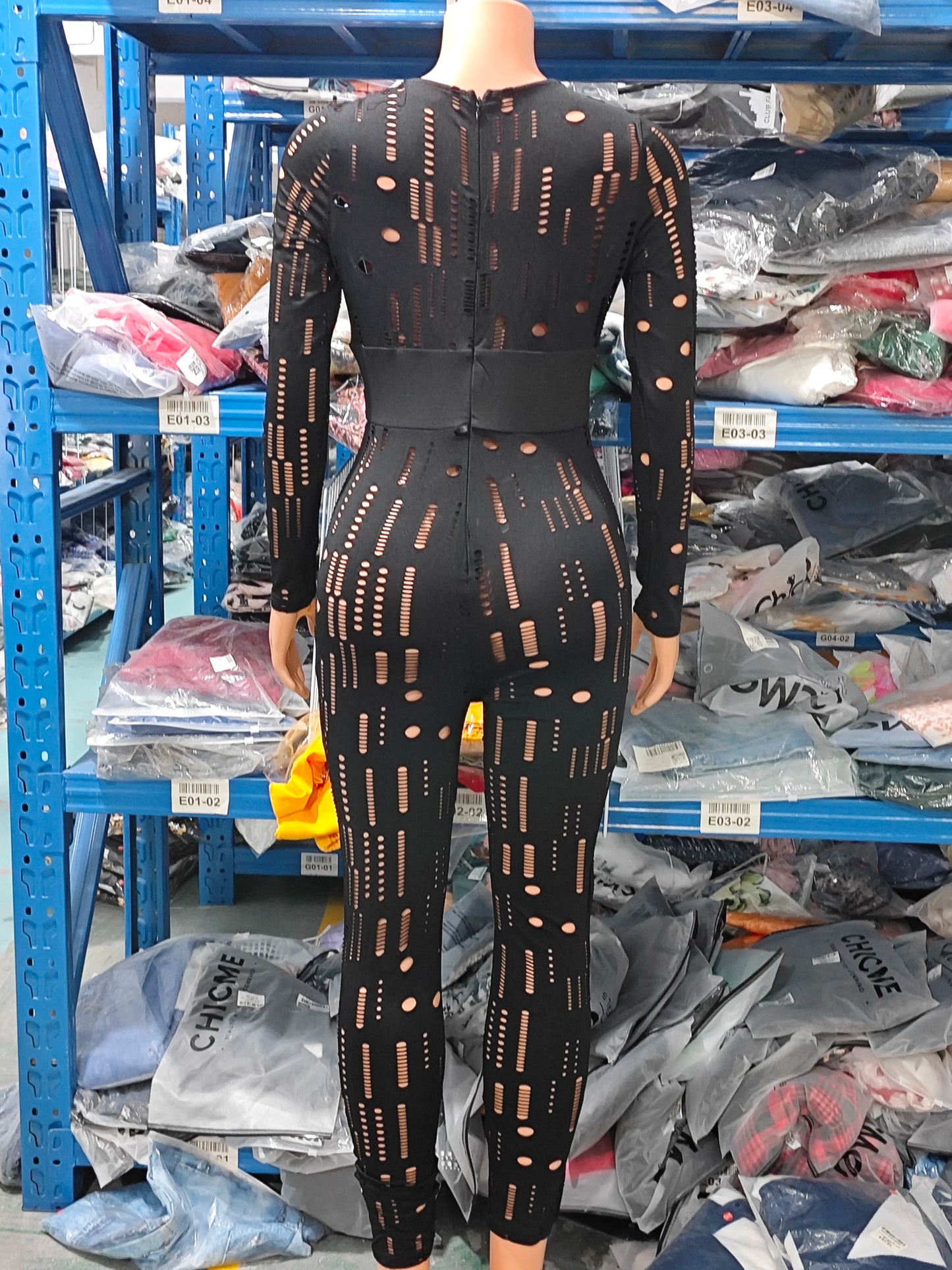 Autumn Fashion Women's Long Sleeve Jumpsuit with Tribal Pattern and Mesh Patch European and American Style for Ladies