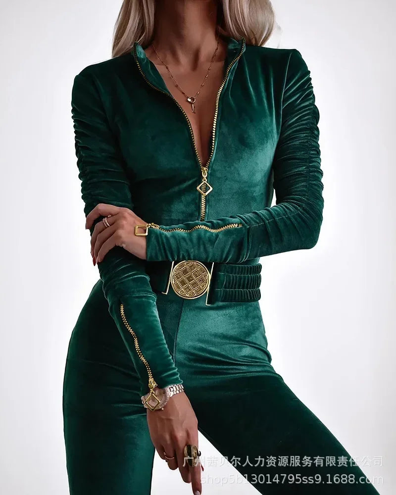 Mandylandy Sexy Velvet Bodycon Jumpsuit for Women with Zipper Design Ruched Long Sleeve and Elastic Waistbelt