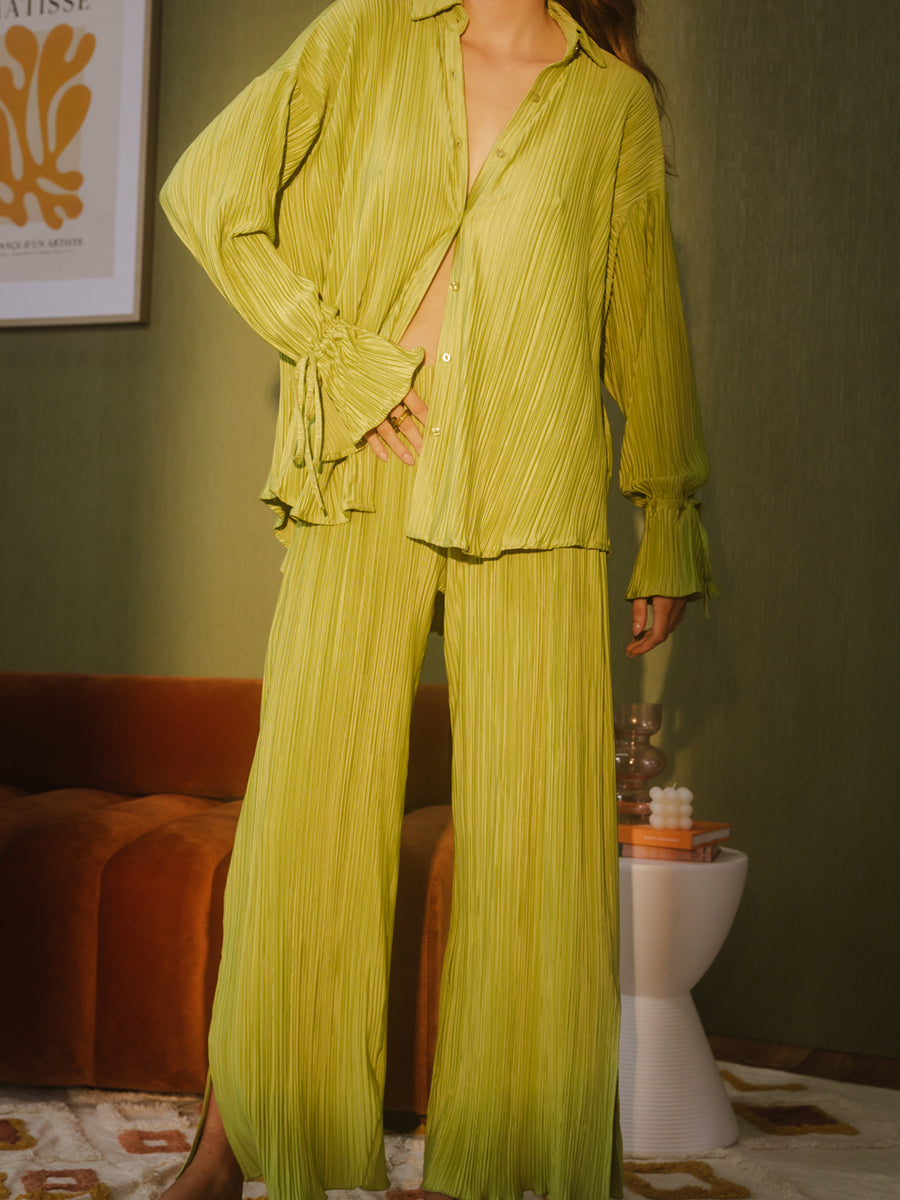 Women's Two-piece Pleated Pants Sets Chic Solid Color Long Sleeve Button Down Shirts with Straight Leg Trousers Casual Style
