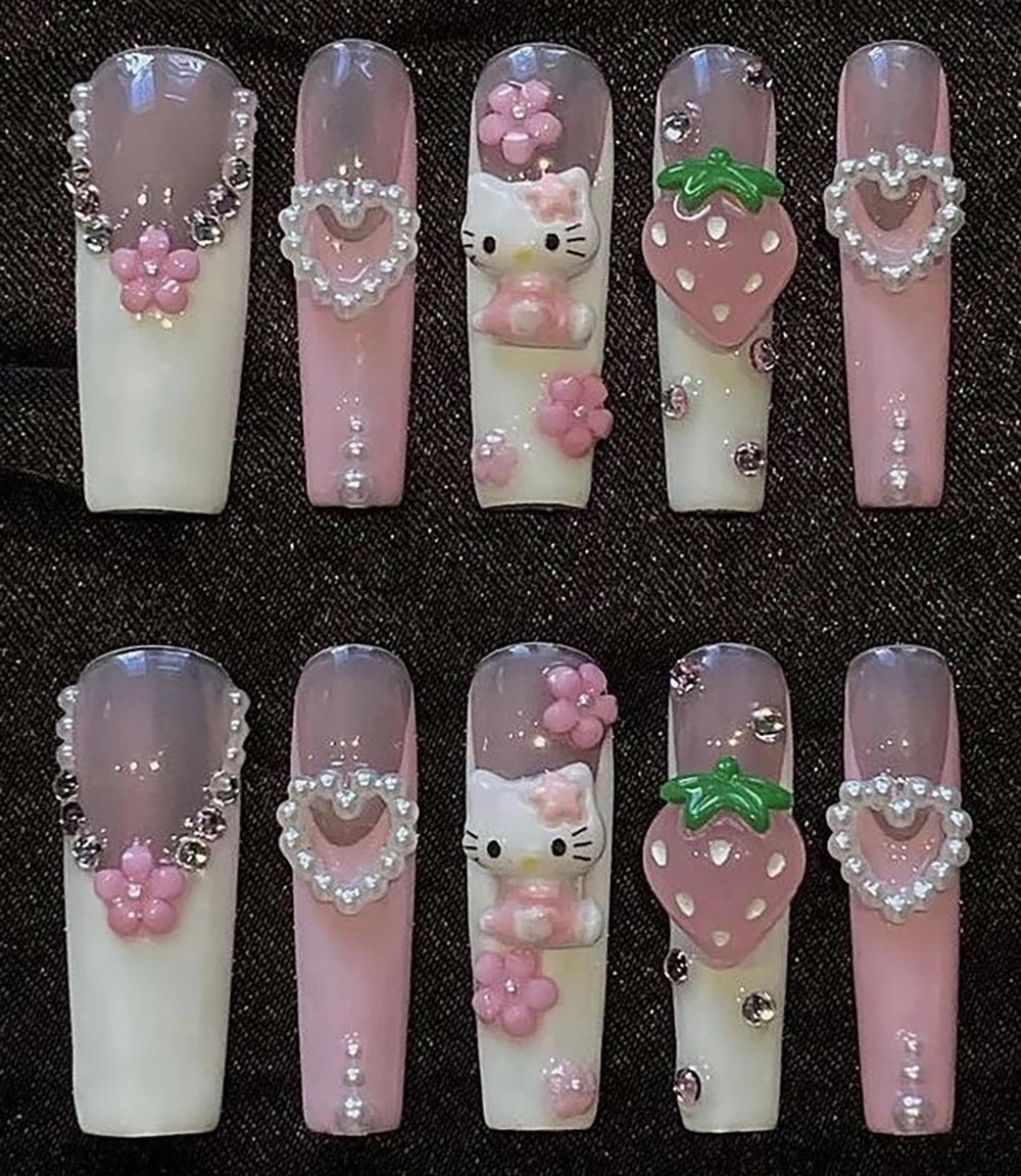 Xxl Euro-Americaen Long Square Cartoon Fake Nails Hello Kitty Mymelody Kuromi Luxury Diamond Handmade Nail Tips Party Sticker