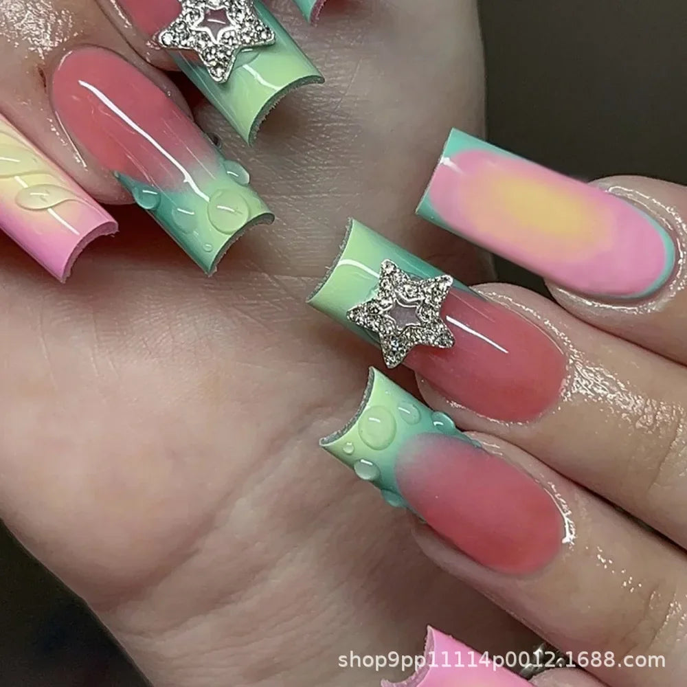 24Pcs Shimmery Long Coffin False Nails with Glue Ballerina Nail Design Sweet Fashion French Press on Acrylic Nails Manicure Tips