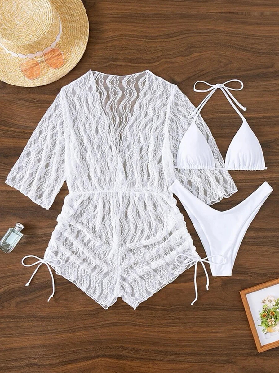 3 pieces Halter Bikini Tropical Print Swimsuit Drawstring Side Swimwear Women Long Sleeve Bathing Suit Female Swimming Beachwear
