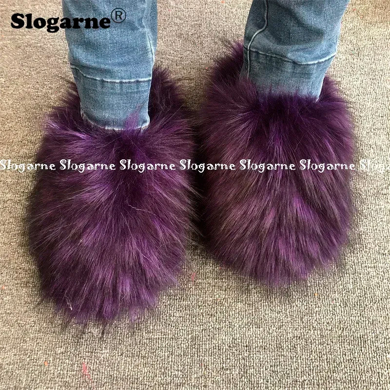 New Colorful Raccoon Fur Slippers Women Winter Faux Fur Shoes Ladies Luxury Furry Slippers Girls Artificial Fox Furs Slides Shoe