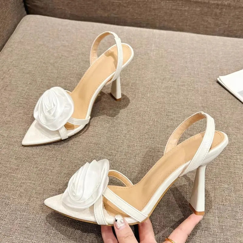 Liyke Green Silk Rose Flower Women's Slippers Open Toe High Heel Sandals Sexy Summer Party Dress Shoes for Adult Women
