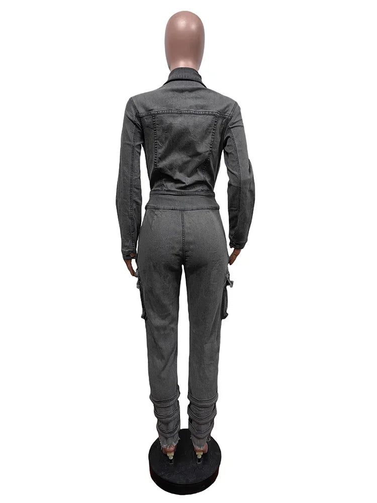 Autumn New Half Zipper Lace-up Denim Jumpsuit Women's Fashion Long Sleeve Elastic Slim Raw Trim Pocket Cargo Pants