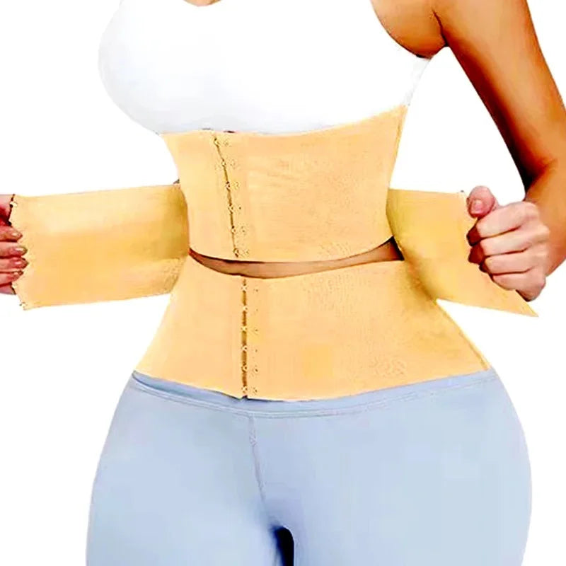 Woman wearing adjustable beige waist trainer over white crop top and light blue leggings