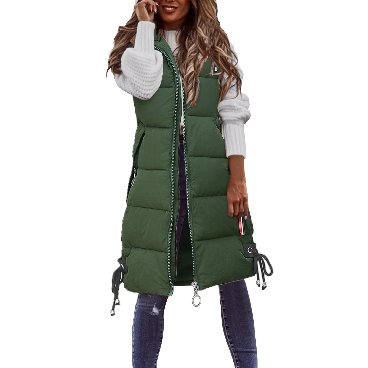 Women's Sleeveless Vest Long Down Cotton Jacket Solid Padded Vests Loose Females Fashion Casual Winter Coat L5