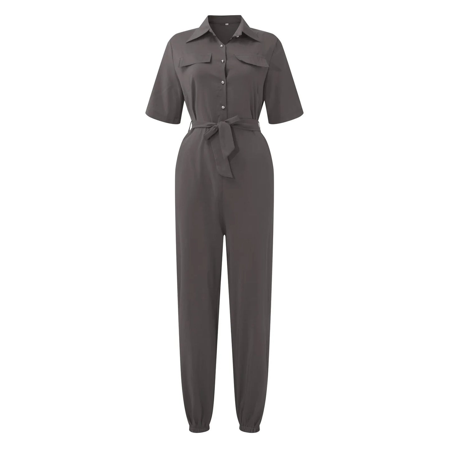 Women's Casual Lapel Lace-Up Printed Belt Short Sleeve Jumpsuit Summer Fashion Workwear Keep Short Eye Catching Junior Size