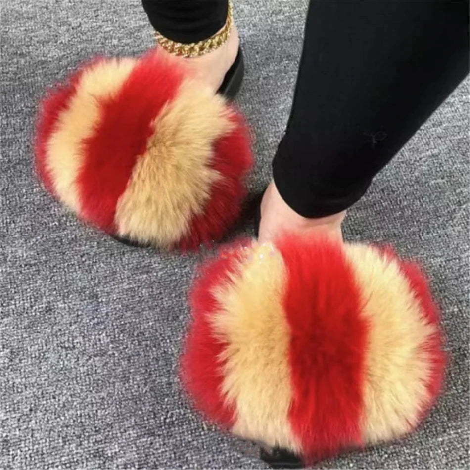 Hot Sale Summer Women Fox Fur Slippers Furry Slippers Designer Fur Slides Girls Black Fur Slides Gorgeous Big Fur Slides Sandal