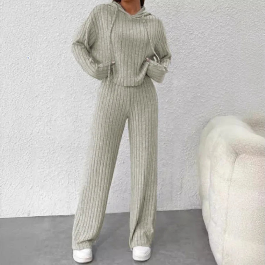 Spring and Autumn Women's New Solid Color Casual Knitted Striped Hooded Sweatshirt Loose Long Sleeved Long Pants Two-piece Set