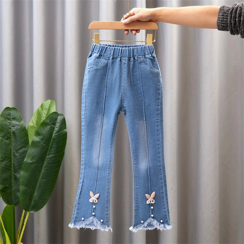 Autumn Girls Jeans Fashionable Bow-Design Denim Flared Pants Elastic Waist Solid Color Trousers for Teenage Kids