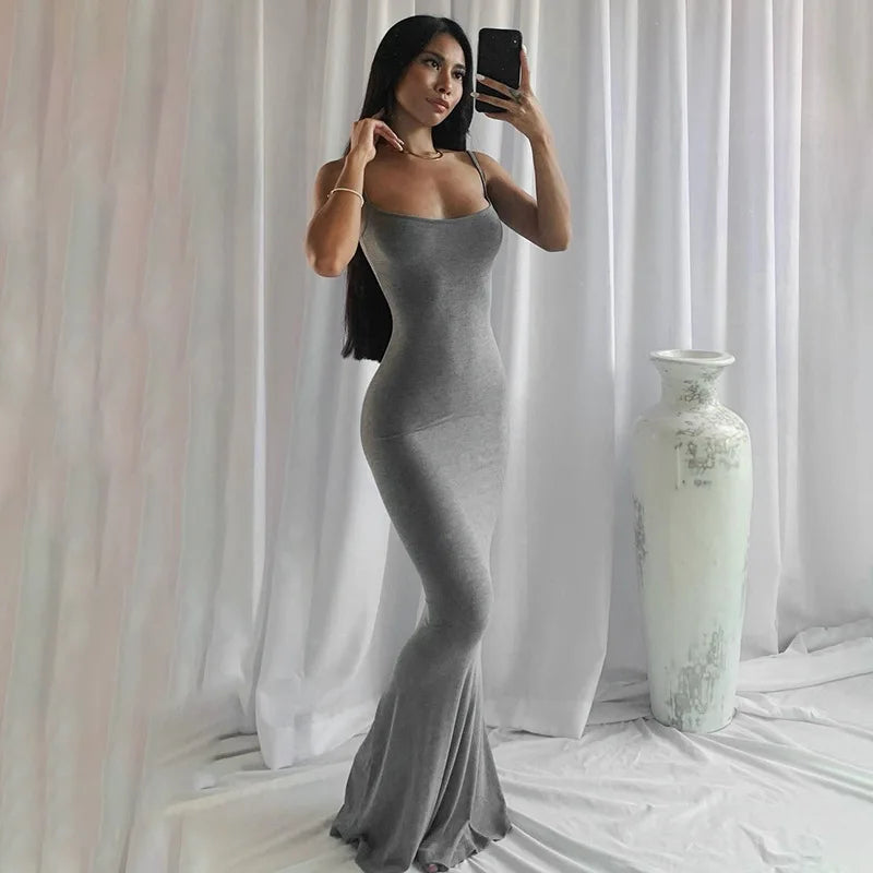 Summer Dresses For Women Sexy Spaghetti Strap Black Long Dress Y2k Sleeveless Solid Skinny Bodycon Trumpet Maxi