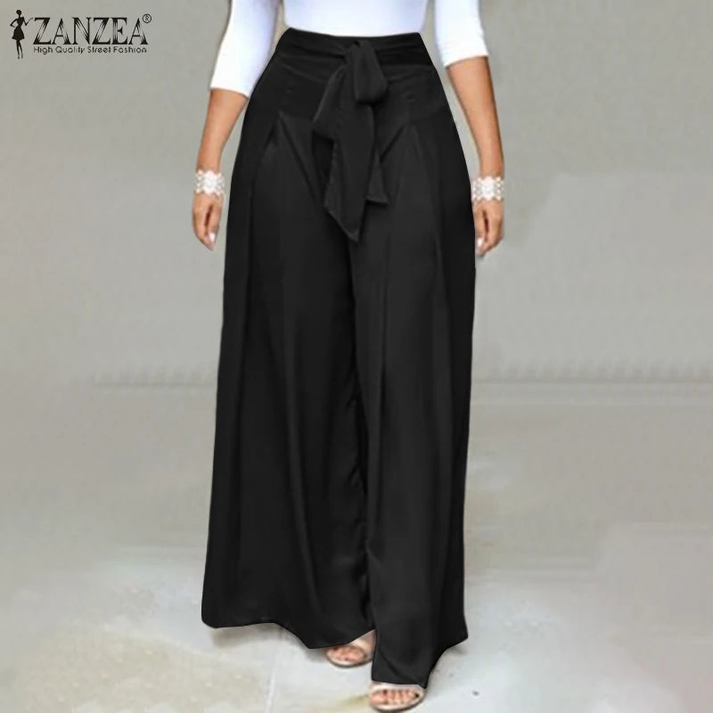 Elegant High Waist Solid Work Trousers ZANZEA Fashion Summer Women Loose Wide Leg Pants Palazzo Oversized Bow Tie Long Pantalon