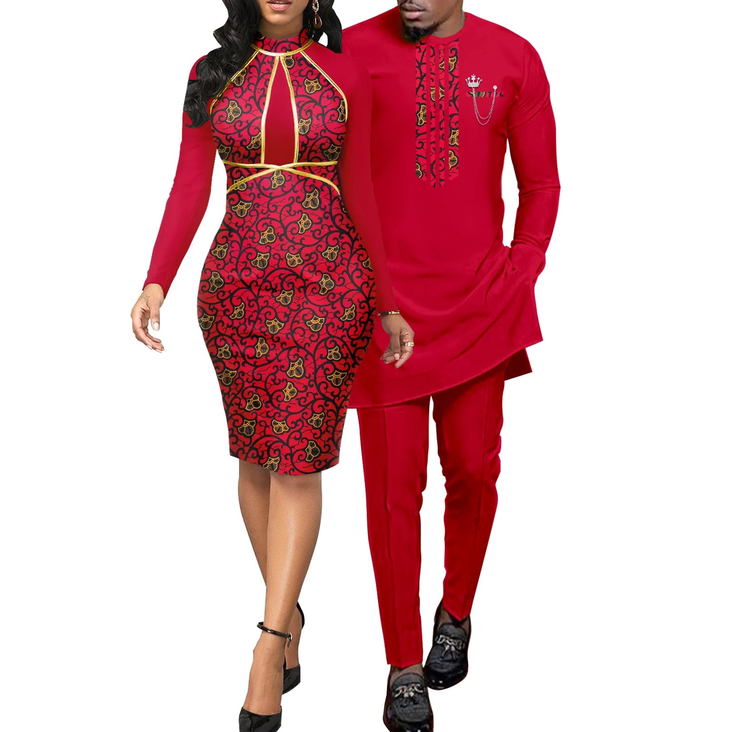 African Abaya Hip Dresses for Women Matching Couple Outfits with Bazin Riche Men's Top and Pant Set Dashiki Print
