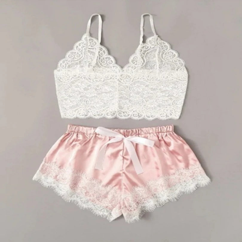 Women's Sexy Pajama Set 2 Pieces Lace Spaghetti Strap Top Shorts Sleepwear Lingerie Sleeveless Summer Clothes